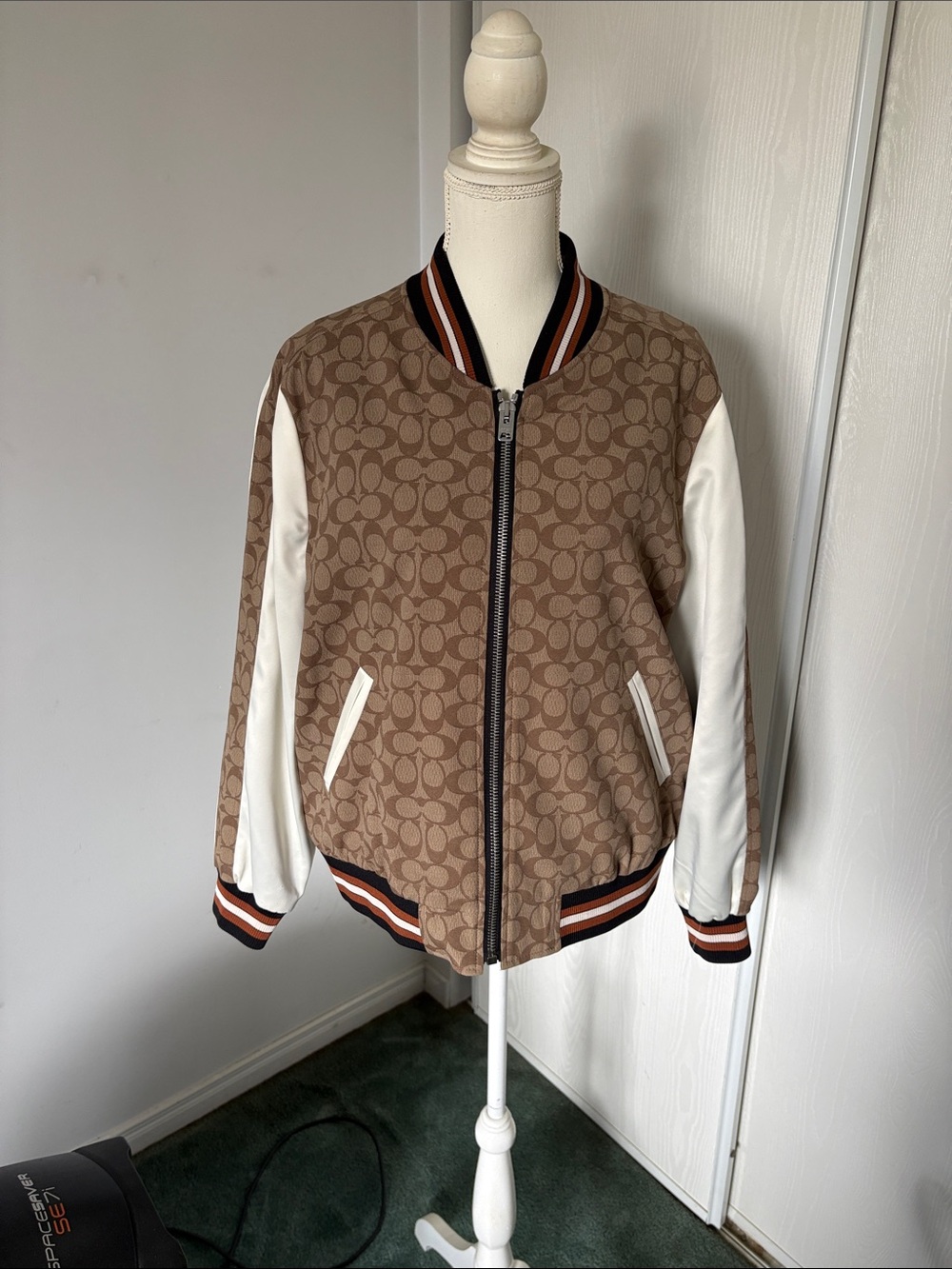 Coach Brown Signature Monogram Bomber Jacket with White Sleeves